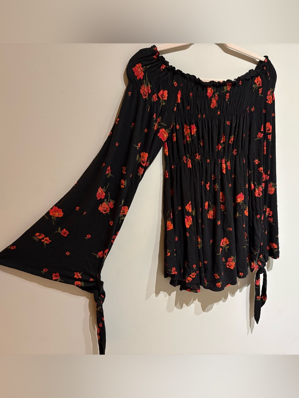 Free People Black Off-Shoulder Floral Smocked Blouse